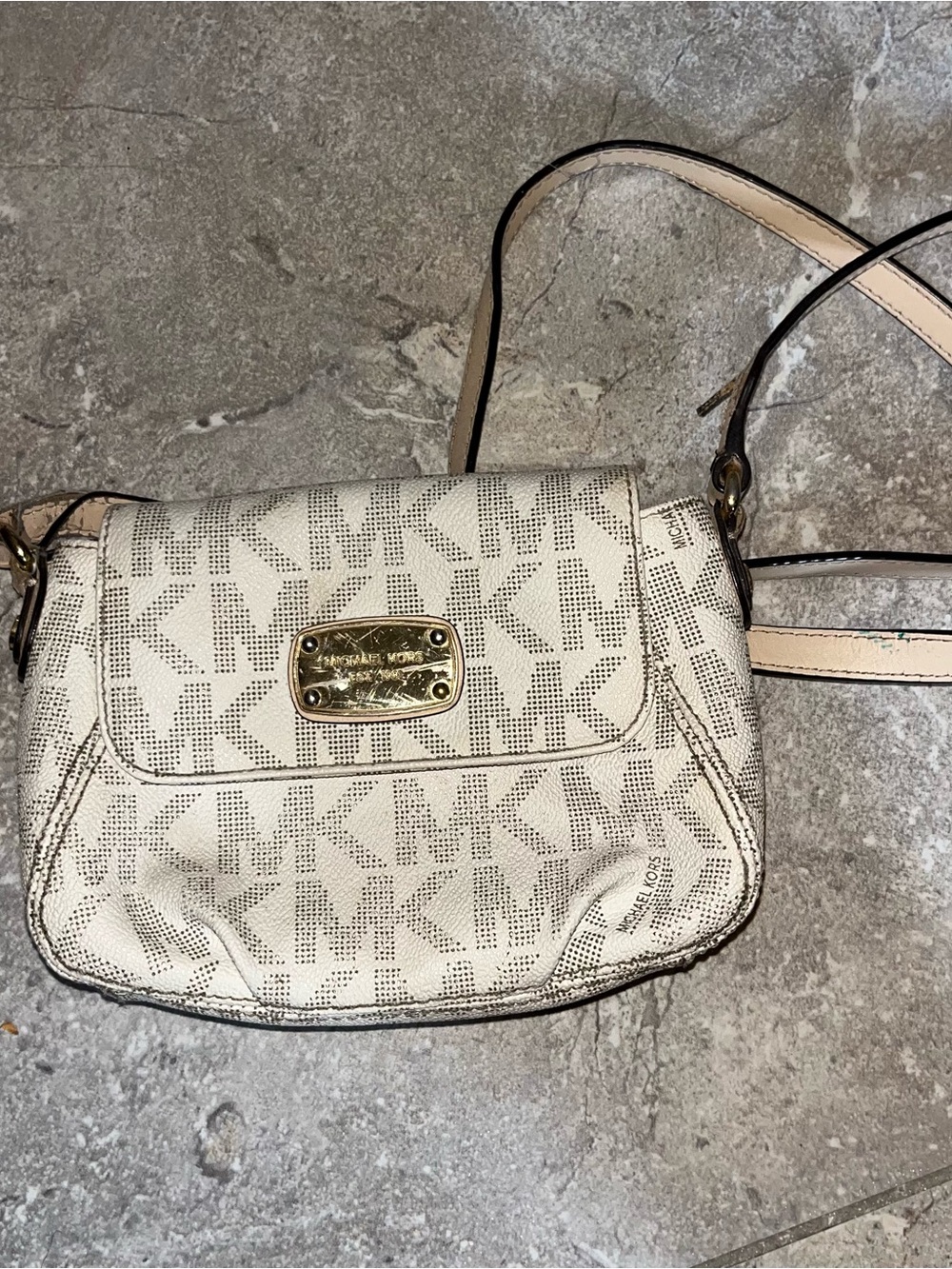 Michael Kors Cream MK Logo Crossbody with Gold Plate